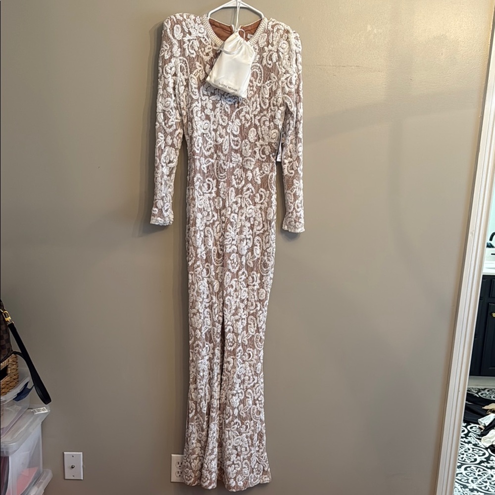 NADINE MERABI Beige and White Lace Jumpsuit